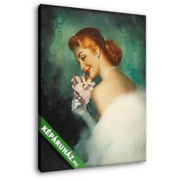 Pin-Up alkotók: Nő rózsaszín virággal (20x25 cm, Vászonkép )