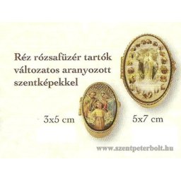 Réz rózsafüzér tartók változatos aranyozott szentképekkel