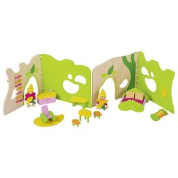 Fa babaház, erdei lak 16 db-os, bútorozva, babákkal