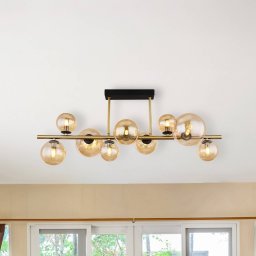 Globo Riha ceiling lamp, length 87 cm, amber/brass-coloured, 9-bulb.