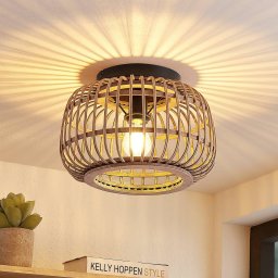 Lindby Bominio ceiling light, Ø 33 cm, rattan, wood, E27