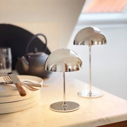 Dyberg Larsen LED rechargeable table lamp Along, chrome-coloured, 20 cm