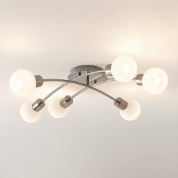 Lindby ceiling light Agmar, nickel-coloured, glass, 6-bulb, E14
