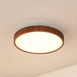 Lindby LED ceiling lamp Velua, white/dark wood, CCT, Ø 50 cm