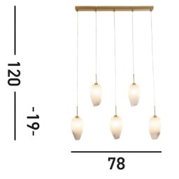 Searchlight Rocky pendant light, 5-bulb, long, brass-coloured, steel, glass