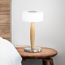 Fabas Luce LED table lamp Elea, nickel-coloured, height 29 cm, glass, wood