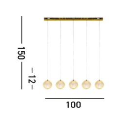 Searchlight LED pendant light Allure, 5-bulb, long, brass-coloured, acrylic