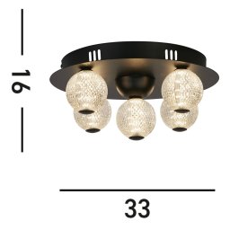 Searchlight LED ceiling lamp Asteroid, black Ø 33 cm steel/acrylic 5-bulb.
