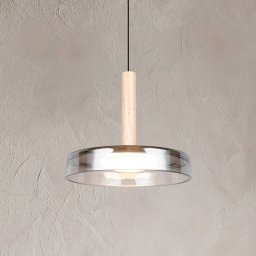 Trio Lighting LED pendant light Celeste, chrome/wood, Ø 22 cm, glass, dimmable