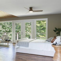 KICHLER Eris LED ceiling fan, IP44, walnut