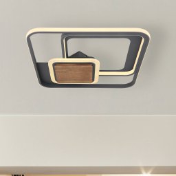 Globo Nirra LED ceiling light, wood plate 3-bulb angular