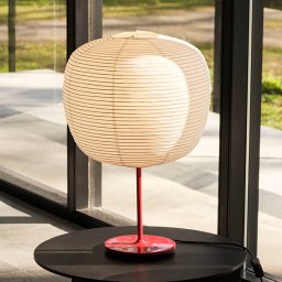 HAY Common Table, Peach lampshade, signal red base