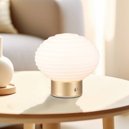 Reality Leuchten Earl LED table lamp, brass/opal, height 14.5 cm, glass