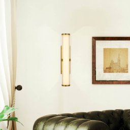 Searchlight LED wall light Clamp, gold/white steel, glass, IP44