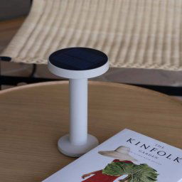 FARO BARCELONA Cairo solar LED table lamp, beige, plastic, IP44, 21 cm