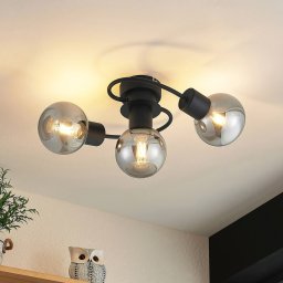 Lindby Ciala ceiling light, 3-bulb, black, smoke, glass