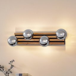 Lindby Woodora wall light, wood, glass, smoky grey, 4-bulb