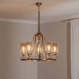Avonni Jadina chandelier, gold antique, 5-bulb, Ø 62 cm metal/glass