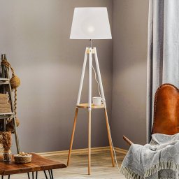 TK Lighting Vaio floor lamp, tripod wooden frame, white lampshade