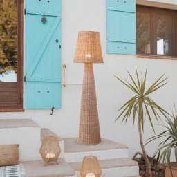 Newgarden LED rechargeable floor lamp Lola, wood colour, rattan, IP54