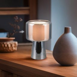 Trio Lighting Rocka table lamp, chrome, height 29 cm, glass/fabric