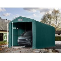TOOLPORT 4x8m 3.35m Sides Carport Tent / Portable Garage, 3.5x3.5m Drive Through, PVC 850, dark green with statics package (concrete anchors) - (99525)
