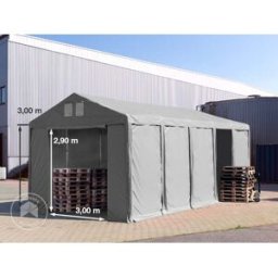 TOOLPORT 4x10m 3.0m Sides Storage Tent / Shelter w. ground frame and zipper entrance, PVC 850, grey with statics package (soft ground anchors) - (93779)
