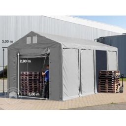 TOOLPORT 4x8m 3.0m Sides Storage Tent / Shelter w. ground frame and pull-up gate, PVC 850, grey with statics package (concrete anchors) - (94010)