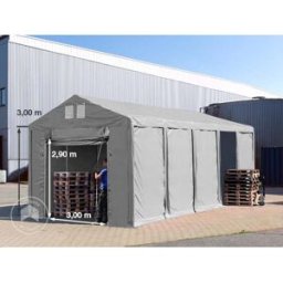 TOOLPORT 4x10m 3.0m Sides Storage Tent / Shelter w. ground frame and pull-up gate, PVC 850, grey with statics package (soft ground anchors) - (93780)