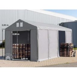 TOOLPORT 4x8m 3.0m Sides Storage Tent / Shelter w. ground frame and zipper entrance, PVC 850, grey with statics package (concrete anchors) - (94009)