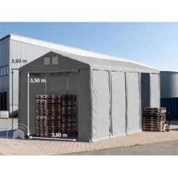 TOOLPORT 5x10m 3.6m Sides Storage Tent / Shelter w. ground frame and zipper entrance, PVC 850, grey with statics package (soft ground anchors) - (93787)
