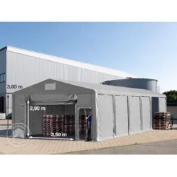 TOOLPORT 8x16m 3.0m Sides Storage Tent / Shelter w. ground frame and pull-up gate, PVC 850, grey with statics package (soft ground anchors) - (94295)