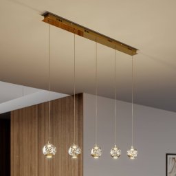 Lucande LED hanging light Hayley, 96 cm, 5-bulb, gold, glass