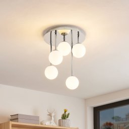 Lindby ceiling light Chrissy, Ø 27 cm, chrome, 5-bulb, glass