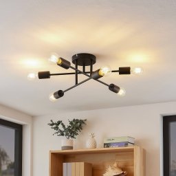 Lindby Estar ceiling light, black, metal, 6-bulb, Ø56cm