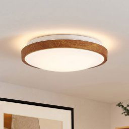 Lindby LED ceiling light Mynte, Ø30cm, wood look, plastic