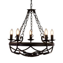 Searchlight Cartwheel III chandelier, 5-bulb, Ø 54 cm, black, metal