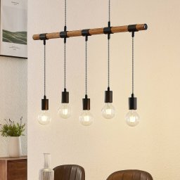 Lindby Sibillia hanging light with wood, five-bulb
