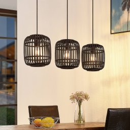 Lindby hanging light Canyana, black, 3-bulb, rattan, 105 cm