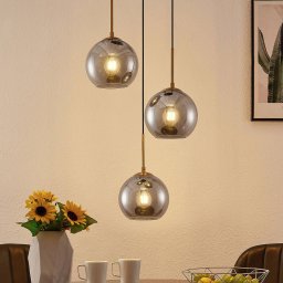 Lindby hanging light Jurian, 32 cm, 3-bulb, bronze, smoke, glass