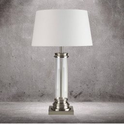 Searchlight Pedestal table lamp, silver with a cream lampshade