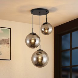 Lindby pendant light Teeja, smoke, 3-bulb, Ø52cm, glass, E27