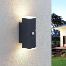 Lindby LED wall light Sally, 22 cm, anthracite, IP54, sensor
