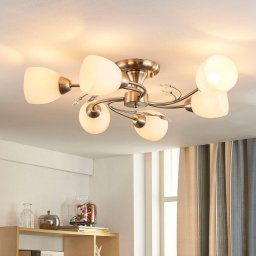 Lindby Tatas ceiling light, Ø 64 cm, nickel, 6-bulb, glass