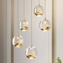 Lucande LED hanging light Hayley, Ø 30 cm, 5-bulb, gold, glass