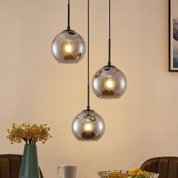 Lindby hanging light Jurian, 32 cm, 3-bulb, black/smoke, glass