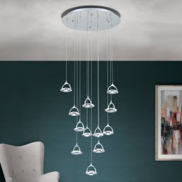 ORION Moon LED pendant, K9 crystal glass, 12-bulb chrome