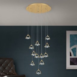 ORION Moon LED pendant, K9 crystal glass, 12-bulb, gold