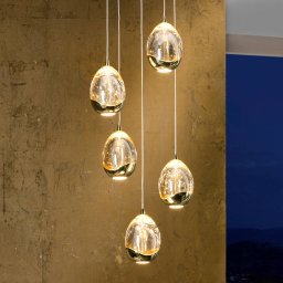 Schuller Valencia LED pendant light Rocio, 5-bulb, round, metal, glass, gold