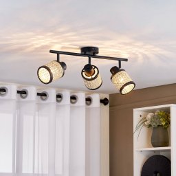 Lindby spot Yaelle, 52 cm, 3-bulb, rattan, black, E27